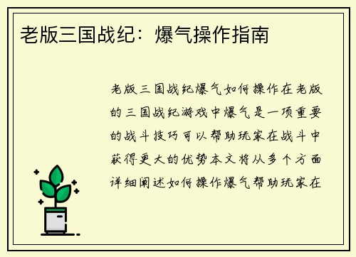 老版三国战纪：爆气操作指南