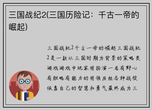 三国战纪2(三国历险记：千古一帝的崛起)